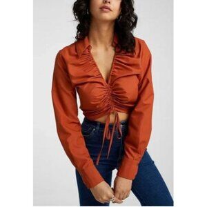 Milk & Honey Ruched Front Long Sleeve Blouse Button Cuffs XL Brown Polyester